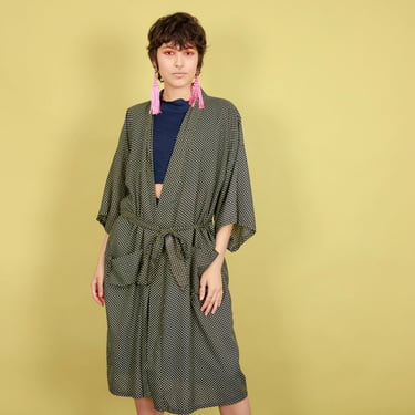 60s Blue Yellow Polka Dot Kimono Robe Vintage Dotted Long Belted Robe 