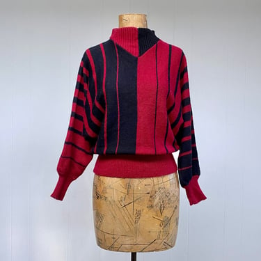 Vintage 1980s Red and Black Striped Sweater, 80s Acrylic Batwing Sleeve Pullover, New Wave Style Knit, Small-Medium 
