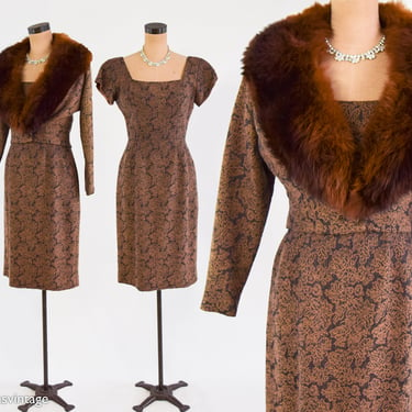 1950s Brown Brocade Dress & Fur Collar Jacket Set | 50s Brown Dress Jacket Set | Medium 