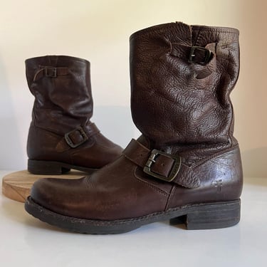 Frye Brown Veronica Genuine Leather Mid Calf Buckle Chunky Pull on Boots 7.5 