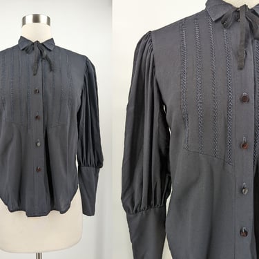 Vintage Seventies Black Western Style Button Up Blouse - 70s Medium Bishop Sleeve Button Up Shirt 