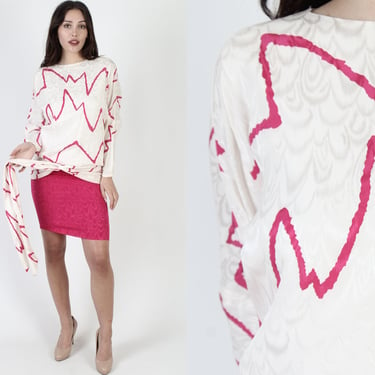 1980s Hot Pink Silk Dress, Vintage 80s Drop Waist Sash, Skinny Formfitting Pencil Skirt 