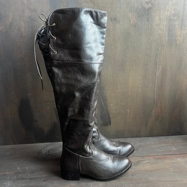 Brown Leather Thigh High Lace Up Boots