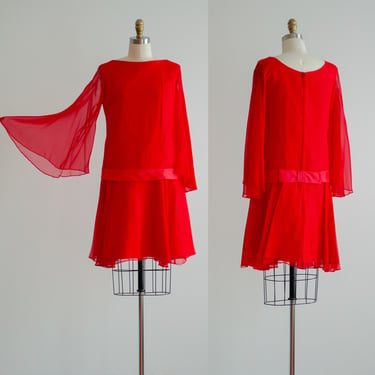 red silk mini dress 1960s vintage mod batwing sleeve party dress 