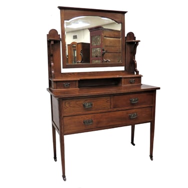 Vintage Boudoir | Antique English Oak 3 Drawer Dresser With Beveled Mirror 