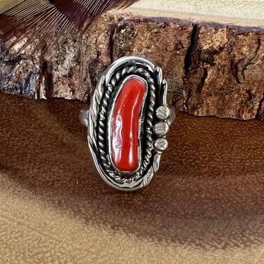 Vintage Sterling Silver & Coral Ring | Native American Navajo Style Jewelry |  Southwestern Jewelry | Size 7 1/4 