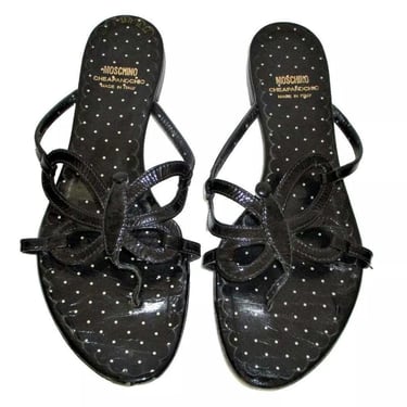 Thong Sandals, Vintage Moschino, Strappy Butterfly Sandals, Size 8 Women, Black Patent Leather 