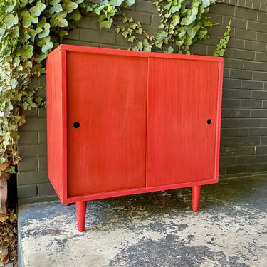 1950s Vintage Mid-Century Red Credenza Cabinet 