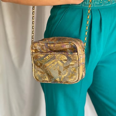 Leather Crossbody Purse / Metallic Leather Crossbody Bag with Gold Chain / Sporty Eighties Box Bag / 80's Leather Purse 