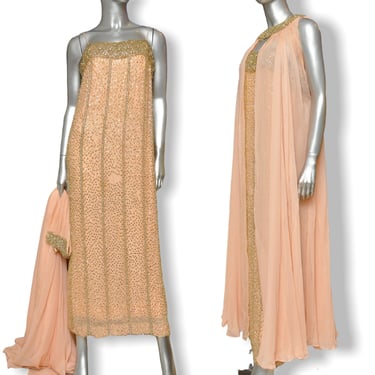 Vintage Peach Beaded Gold Sequins Gown with Cape Long Formal Dress by Victoria Royal Ltd Medium 