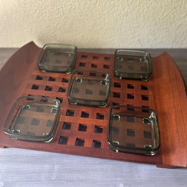 Vintage Dansk Teak Lattice Tray With Glass Dish Inserts, JHQ Denmark, designed by Jens Quistgaard 