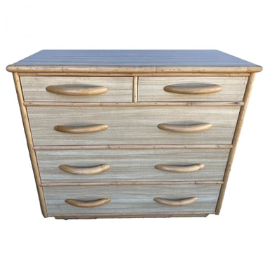 Restored Modernist Rattan Highboy Dresser w/ Rattan Pulls 
