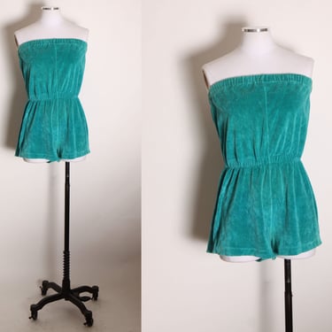 1970s Teal Blue Green Velour Strapless One Piece Jumpsuit Romper by Fashion Tree 