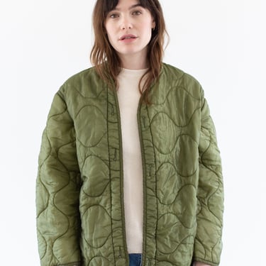 Vintage Green Liner Jacket | Unisex Wavy Quilted Nylon Coat | S M | LI273 