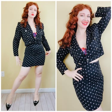 1980s Vintage A. Byer Black and Pink Cotton Suit / 80s Polka Dot Crop Top and High Waisted Pencil Skirt / Small 