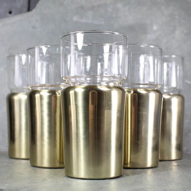 Set of 6 Hellerware Tumblers in Cork Lined Sleeves with Gold Tone | MCM Gold Toned Aluminum | 10 Oz Glasses | Bixley Shop 