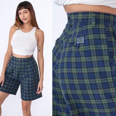 90s Plaid Shorts Navy Blue Shorts High Waisted Retro Pleated Trouser Shorts Checkered Preppy Dark Academia Mom Vintage 1990s Small 27 