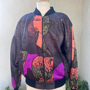 Vintage bomber jacket Picasso theme pad shoulder pockets Sz M 