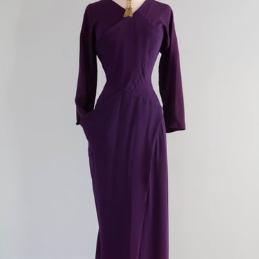 Fabulous 1940's Plum Rayon Crepe Evening Dress / Small