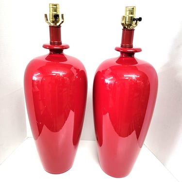 Large Hollywood Regency Cherry Red Ceramic Lamps 