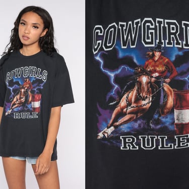 90s Cowgirl Shirt Rodeo Cowgirls Rule Horse Graphic Tshirt Animal T Shirt Western Print Top 1990s Vintage Retro Tee Black Extra Large xl 