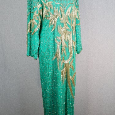 1980s - Green and Gold Beaded Evening Gown - Full Length Gown - Long Sleeve - Black Tie - Formal 