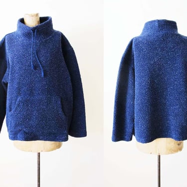 Vintage 90s Navy Blue Fleece Jacket S M  - Tall Mock Neck Pullover Deep Pile Fleece Hoodie Sweater 