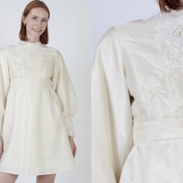 60s Mod Wedding Dress / Plain Beaded Lace Short Outfit / Simple Bridesmaids Outfit / Classic Poet Sleeve Bridal Mini Gown 