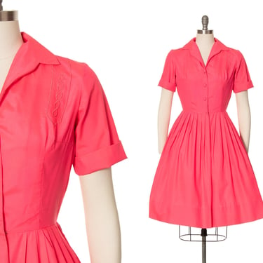 Vintage 1960s Shirt Dress | 60s Neon Hot Pink Embroidered Fit and Flare Full Skirt Shirtwaist Day Dress (small) 