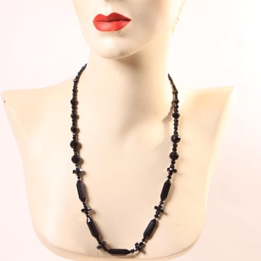 1950s Black Faceted Oval, Rounded and Disc Shaped Glass Beaded Necklace 
