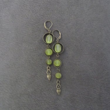 Long sea glass earrings, bohemian earrings, goddess earrings, bold boho earrings, yellow earrings, geometric earrings, artisan bronze 