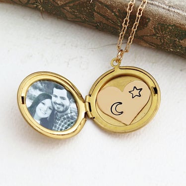 Moon and Star Necklace, Celestial Locket with Photo, Personalized Jewelry for Her, Celestial Gift 