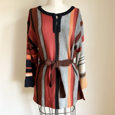 Vintage 1970s Autumnal Striped Tunic Belted Sweater / S-M 