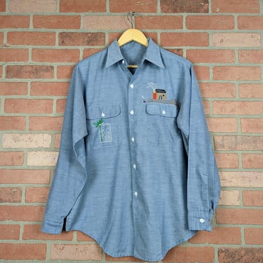Vintage 60s 70s Kentucky Embroidered Chambray ORIGINAL Button Down Work Shirt - Extra Large 