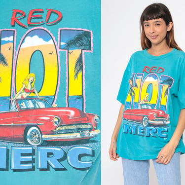 90s Classic Car Shirt Red Hot Merc Shirt Mercury T-Shirt Tropical Palm Tree Beach Babe Graphic Tee Single Stitch Vintage 1990s Large xl 