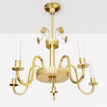 Swedish Grace 5-arm brass chandelier with double crowns.