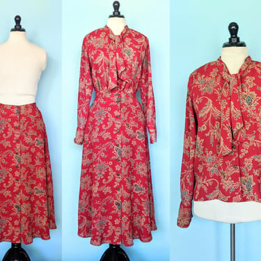 Vintage 90s Floral Paisley Skirt Two Piece Set, 1990s Red Chiffon Skirt and Blouse Set 