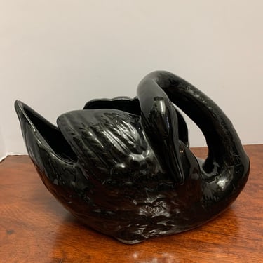 Mid Century Signed Son Miguel Black Ceramic Swan Planter 