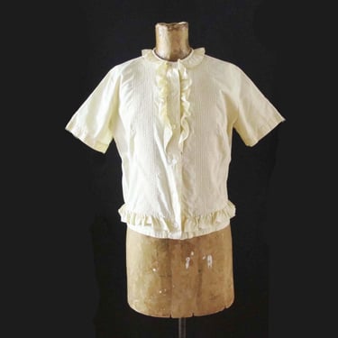 Vintage 50s Ecru Off White Cotton Ruffle Blouse S - 1950s Short Sleeve Frilly Short Sleeve Button Up Shirt - Rockabilly Style 