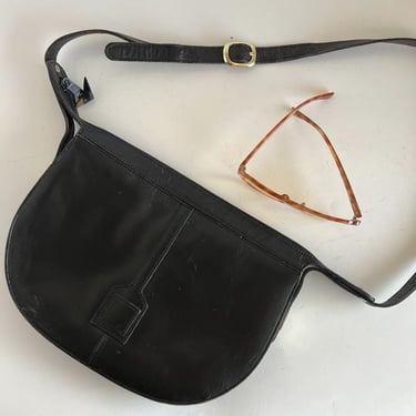 Vintage 90s Black Round Medium Genuine Leather Distressed Crossbody Bag 