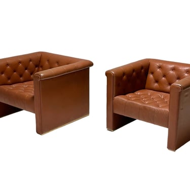 Pair Tufted Cube Leather Club Chairs, 1970