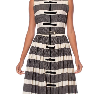 1950s Black and White Striped A line Dress with Velvet Bows & matching belt 