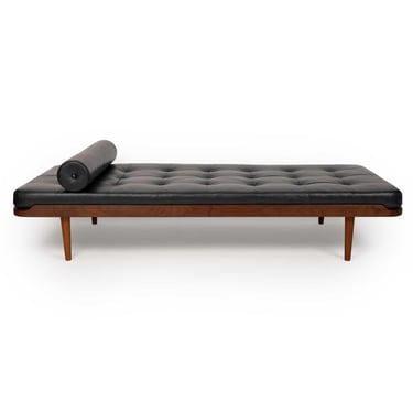 Vintage Mid-Century Modern Teak Daybed in Black Tufted Leather 