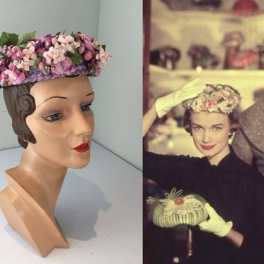 Spring Time Strolls - Vintage 1950s Lilac Lavender Raffia Straw Pill Box Floral Hat 