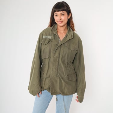 Vintage US Army Field Jacket Olive Green Military Coat Distressed 60s Utility Jacket Allen Patch Conmar Zipper Cargo Pocket Medium Large M L 