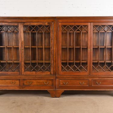 Monumental Antique Georgian Carved Pine Glass Front Four-Door Bookcase, Circa 1900