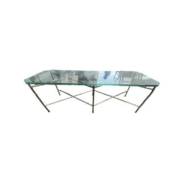 Mid Century Modern Double X Base Rectangular Gilt Faux Bamboo Glass Top Coffee Table