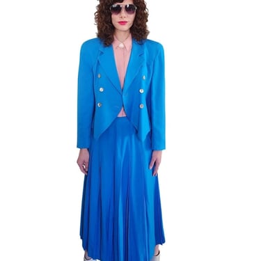 Vintage 80s Christian Dior Skirt Suit Turquoise Blue Wool Pleated Skirt / M 