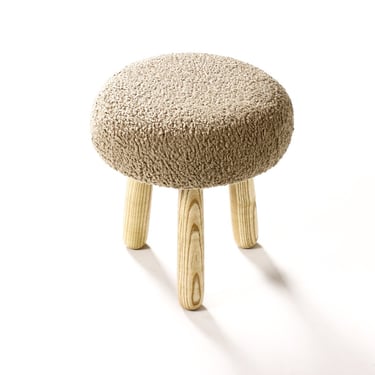 Custom Modernist Japandi  Awassi Tripod Ottoman / Footstool — Turned Ash legs — Camel Tan Bouclé 