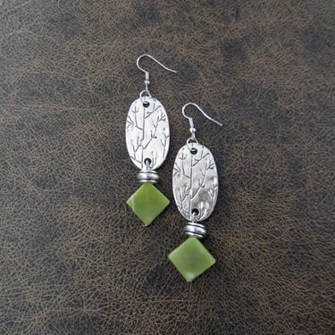Serpentine green stone earrings, boho earrings, bohemian earrings, silver 